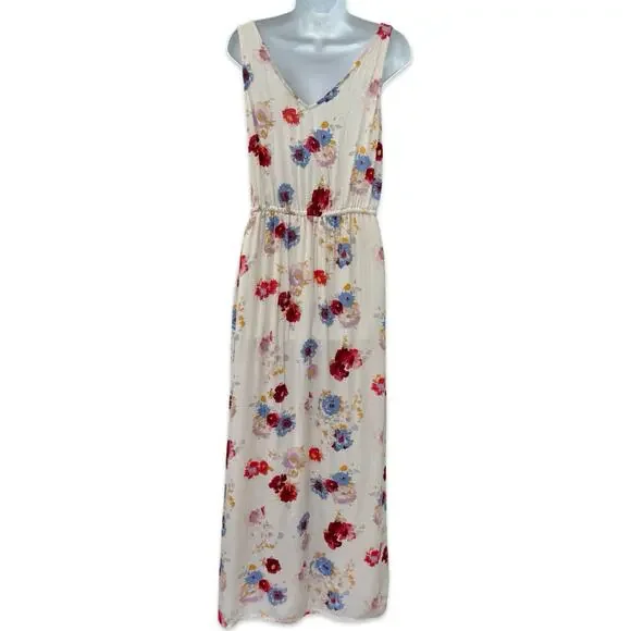Lucky Brand Ivory Red Blue Floral Sleeveless Tie Waist V-Neck Maxi Dress size S - Picture 5 of 11